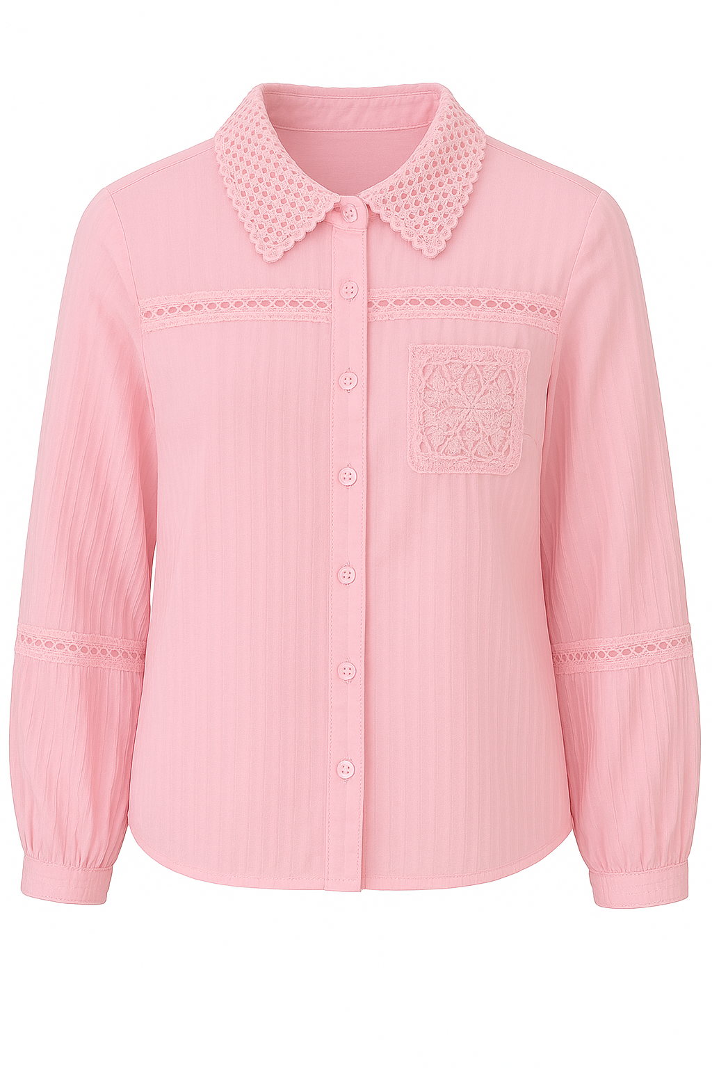 BLUSA DE CUELLO DE ENCAJE CALADO MANGA LARGA CON BOLSILLO BORDADO