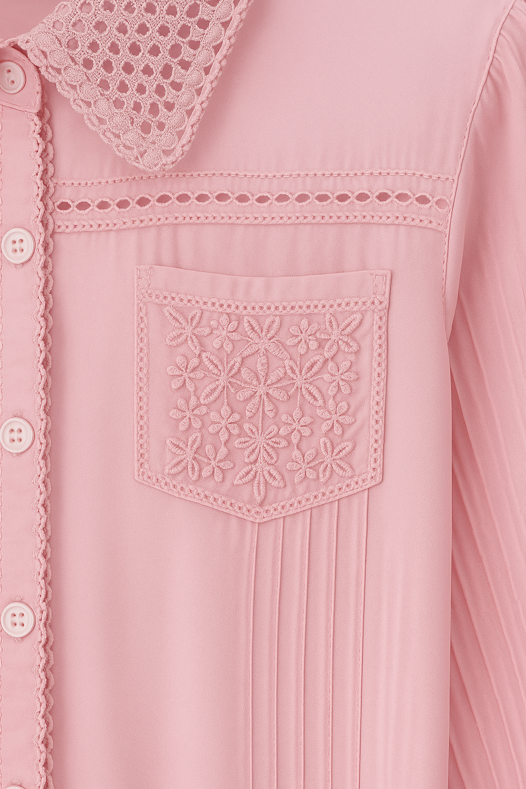 BLUSA DE CUELLO DE ENCAJE CALADO MANGA LARGA CON BOLSILLO BORDADO