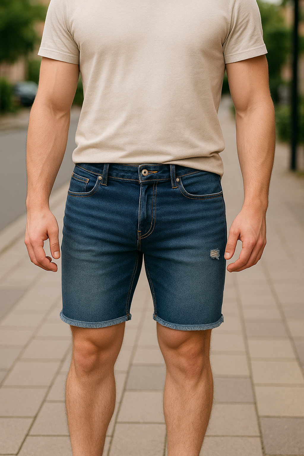 BERMUDA JEAN AZUL OSCURO CON BORDE DESPUNTADO Y DISEÑO ROTO EN BOLSILLO