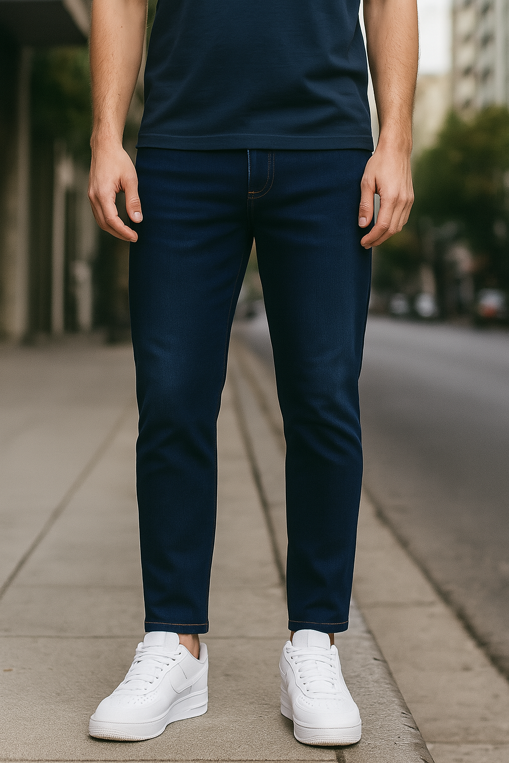 PANTALÓN JEAN SKINNY AZUL CLARO CON ROTOS Y BOTON NEGRO