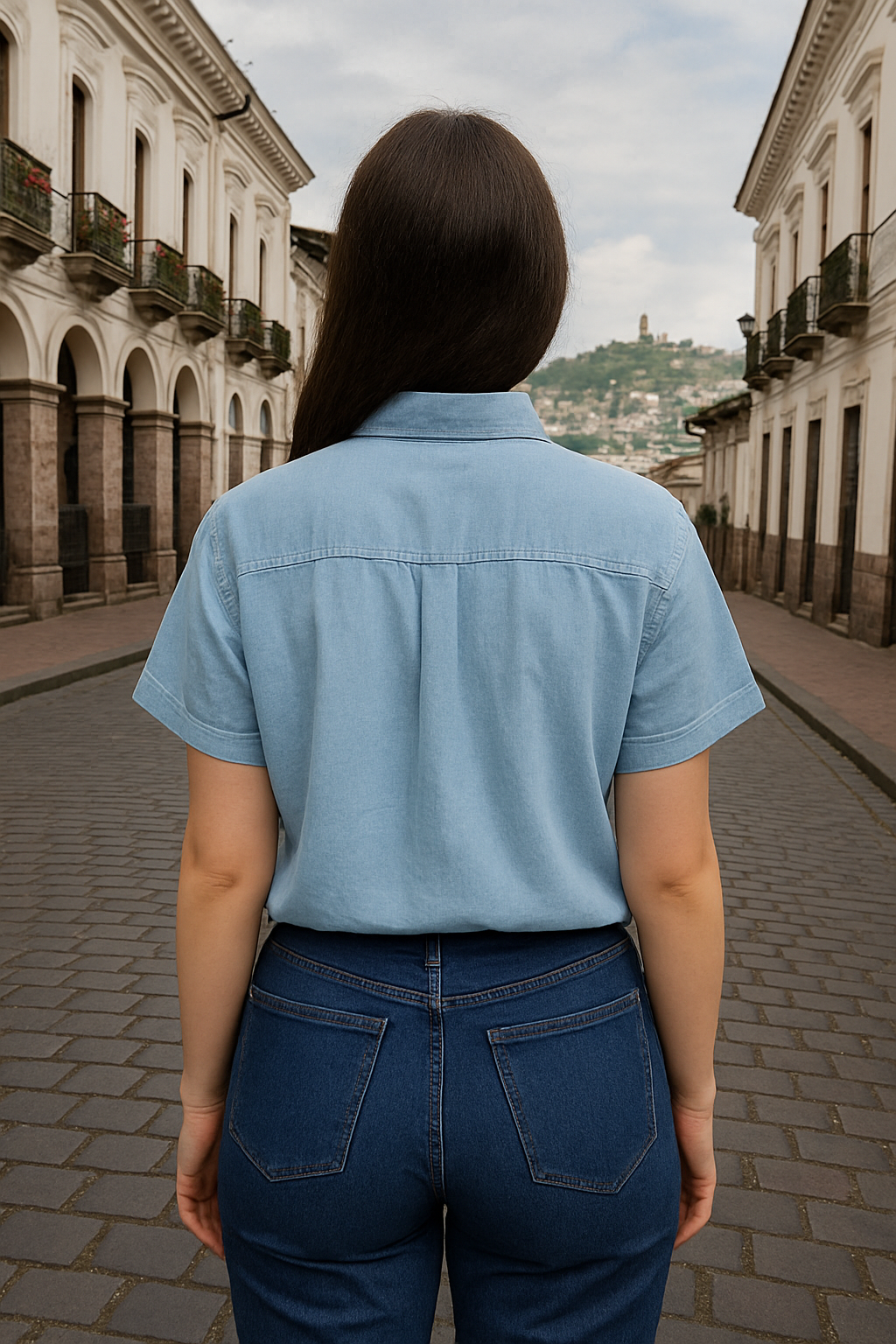 BLUSA ABOTONADA DE CUELLO CLASICO MANGA CORTA TIPO DENIM