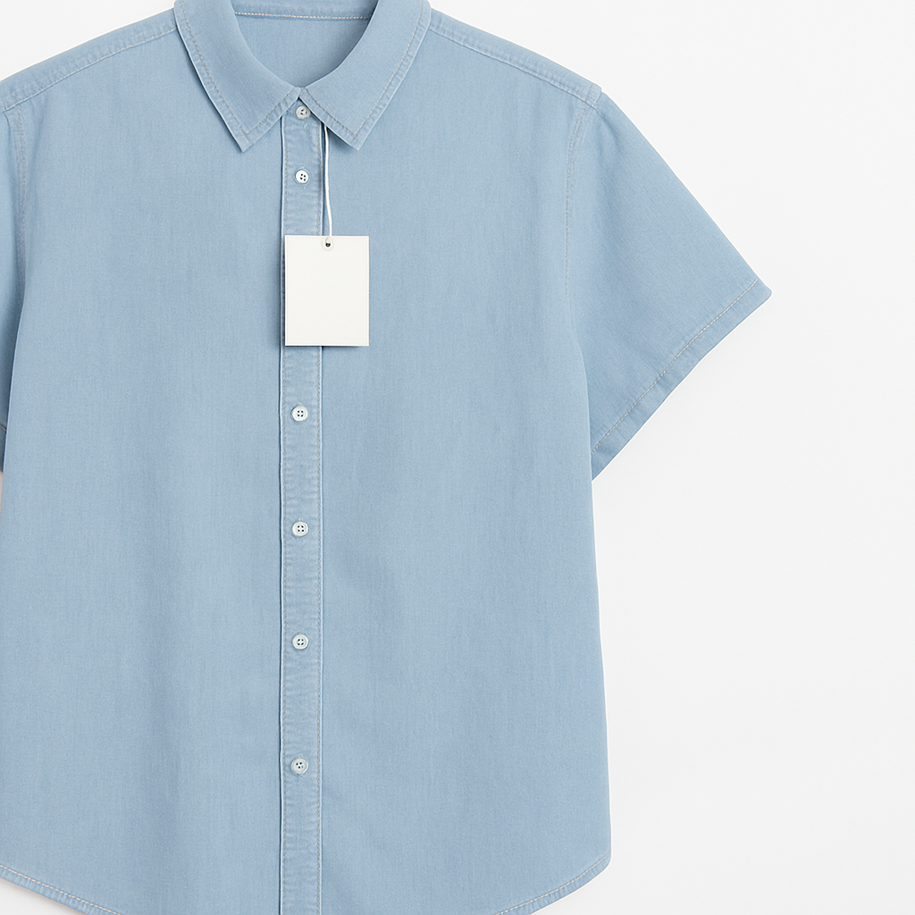 BLUSA ABOTONADA DE CUELLO CLASICO MANGA CORTA TIPO DENIM