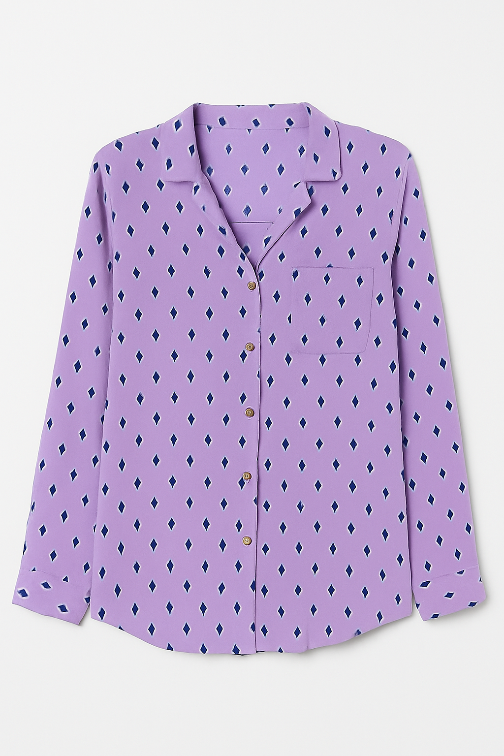 BLUSA PLUS MANGA LARGA ABOTONADA CUELLO CLASICO BOLSILLO EN EL PECHO DISEÑO GEOMETRICO