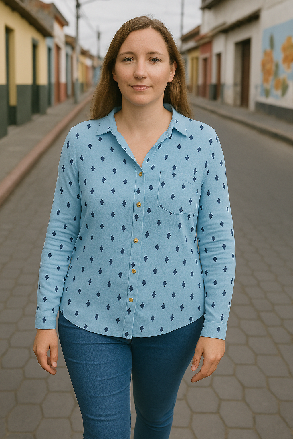 BLUSA PLUS MANGA LARGA ABOTONADA CUELLO CLASICO BOLSILLO EN EL PECHO DISEÑO GEOMETRICO