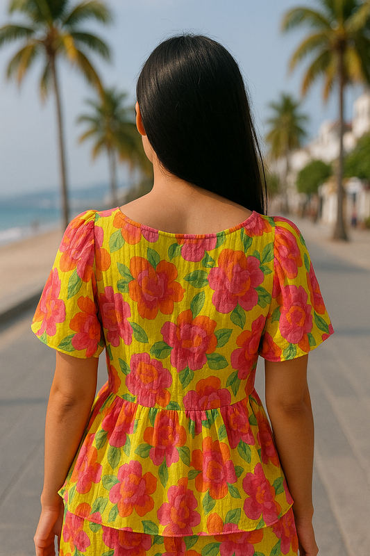 BLUSA PLUS TIPO PEPLUM CON ESTAMPADO FLORAL VIBRANTE