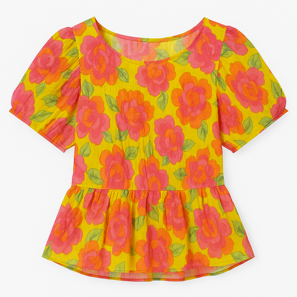 BLUSA PLUS TIPO PEPLUM CON ESTAMPADO FLORAL VIBRANTE