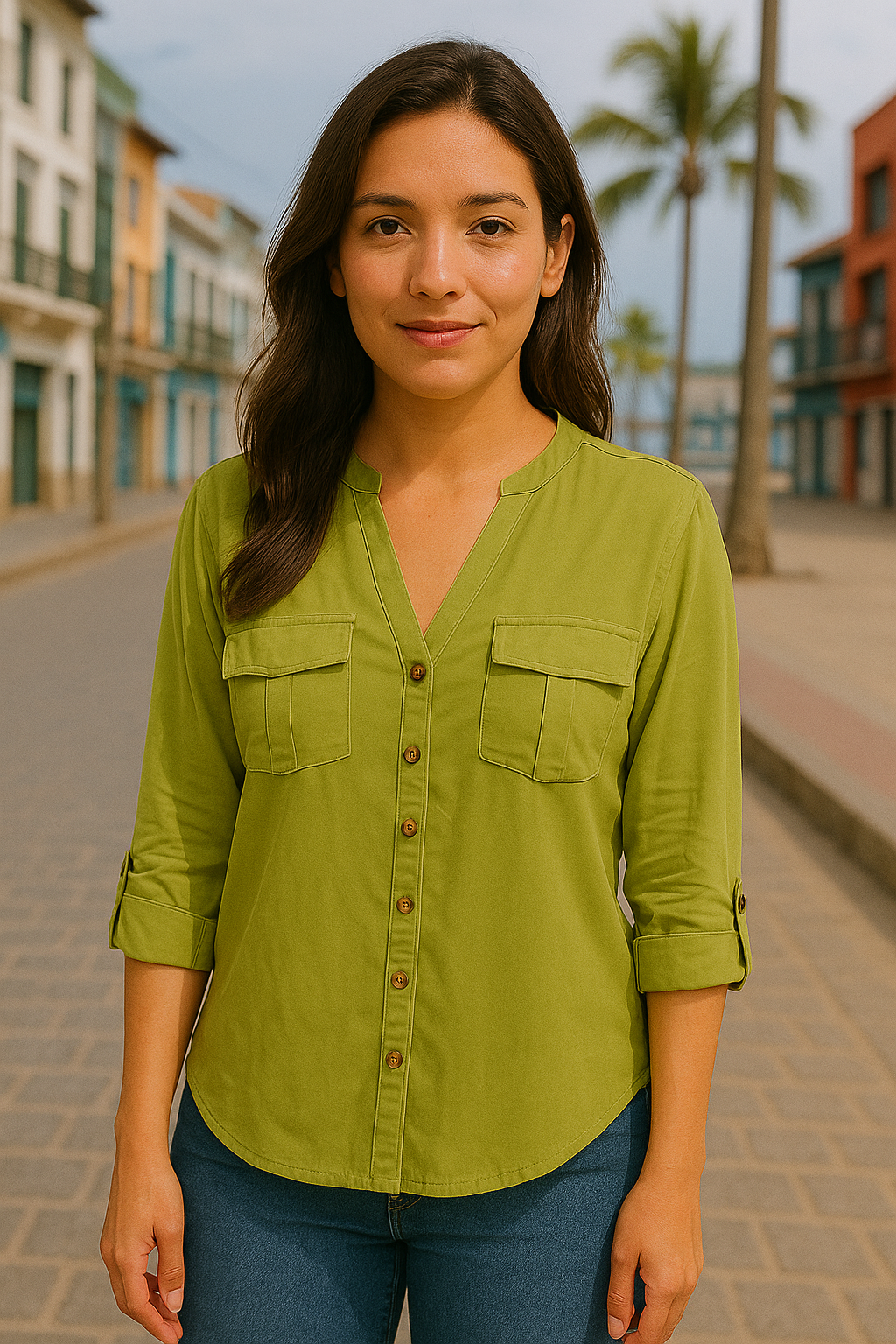 BLUSA PLUS CUELLO EN V ABOTONADA CON DOS BOLSILLOS EN EL PECHO