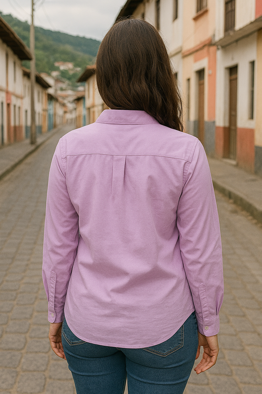 BLUSA CAMISERA MANGA LARGA ESTILO OVERSIZE ABOTONADA LILA