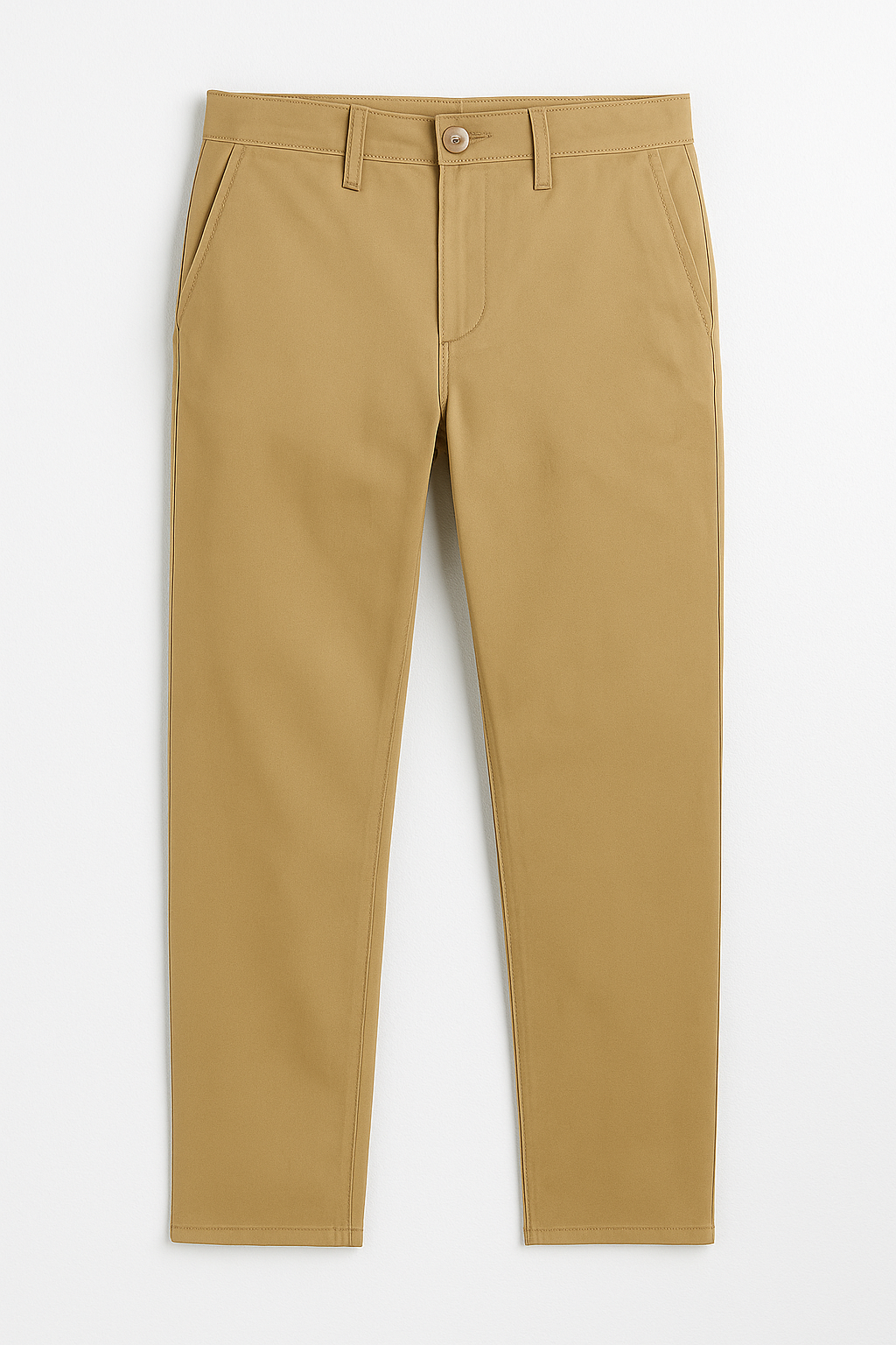 PANTALÓN SLIM FIT CAQUI DE CORTE MODERNO Y BOTÓN AL TONO