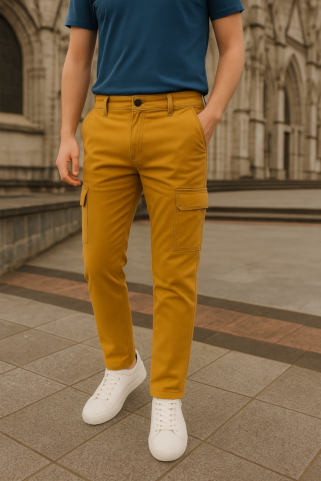 PANTALÓN CARGO, DISEÑO LISO CON BOTÓN CAFÉ