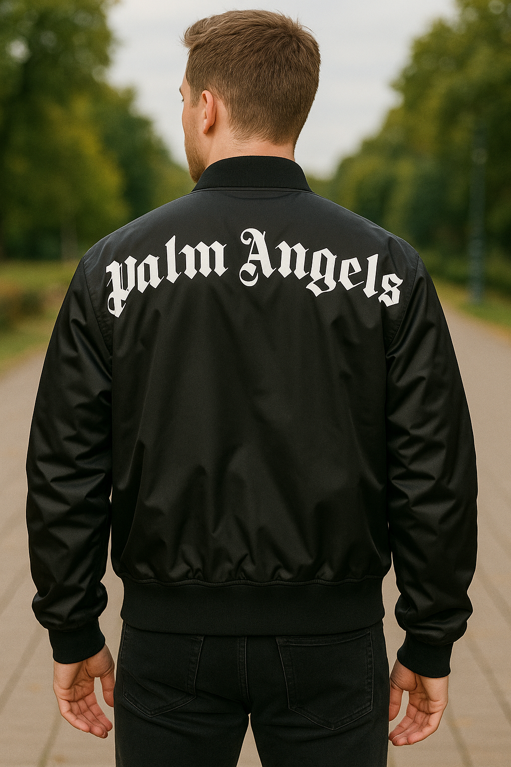 CHAQUETA NEGRA PALM ANGELS ESTILO BOMBER, CON CUELLO DE TELA, ABERTURA DE CIERRE METÁLICO Y BOLSILLOS CON BOTONES A PERSIÓN. LOGOTIPO EN PECHO