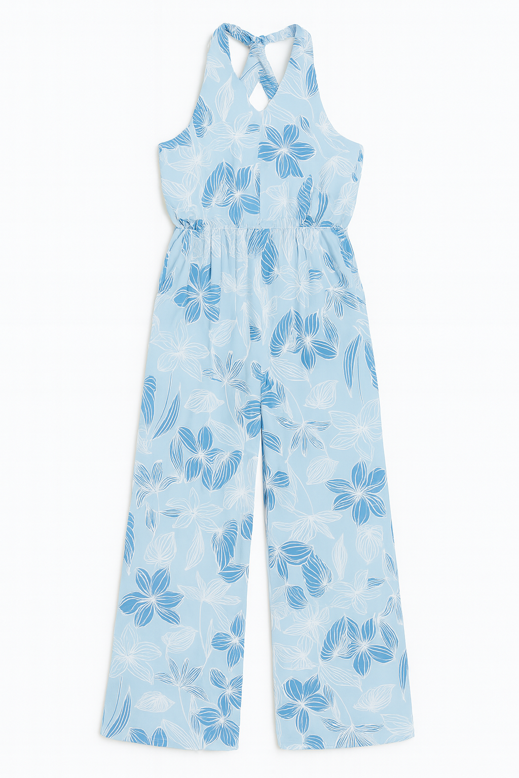 ENTERIZO FLORES CELESTE AZUL SIN MANGAS TIRANTE CUELLO