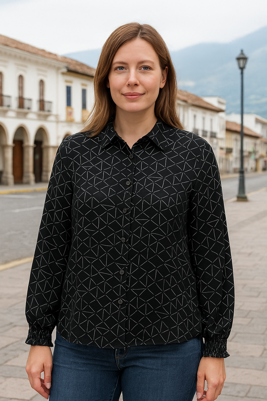 BLUSA DE CUELLO ABOTONADA MANGA LARGA PUÑOS ELASTICOS
