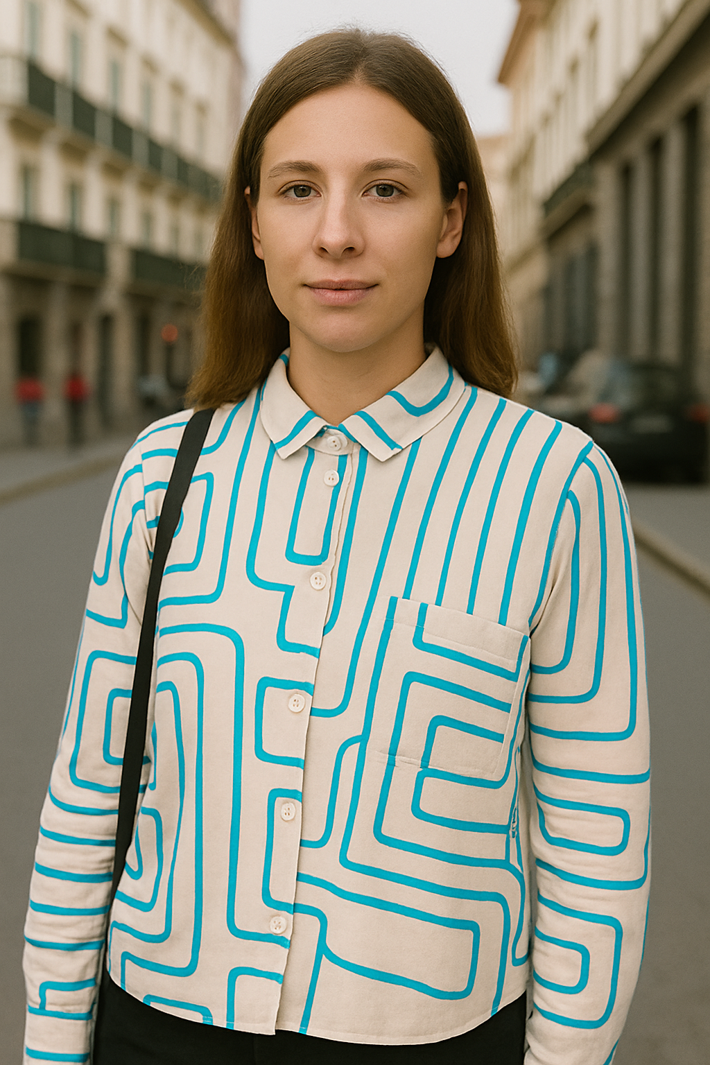 BLUSA DE CUELLO MANGA CORTA CON BOLSILLO DISEÑO GEOMÉTRICO