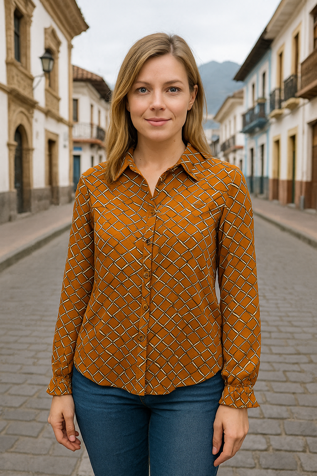 BLUSA DE CUELLO ABOTONADA MANGA LARGA PUÑOS ELASTICOS