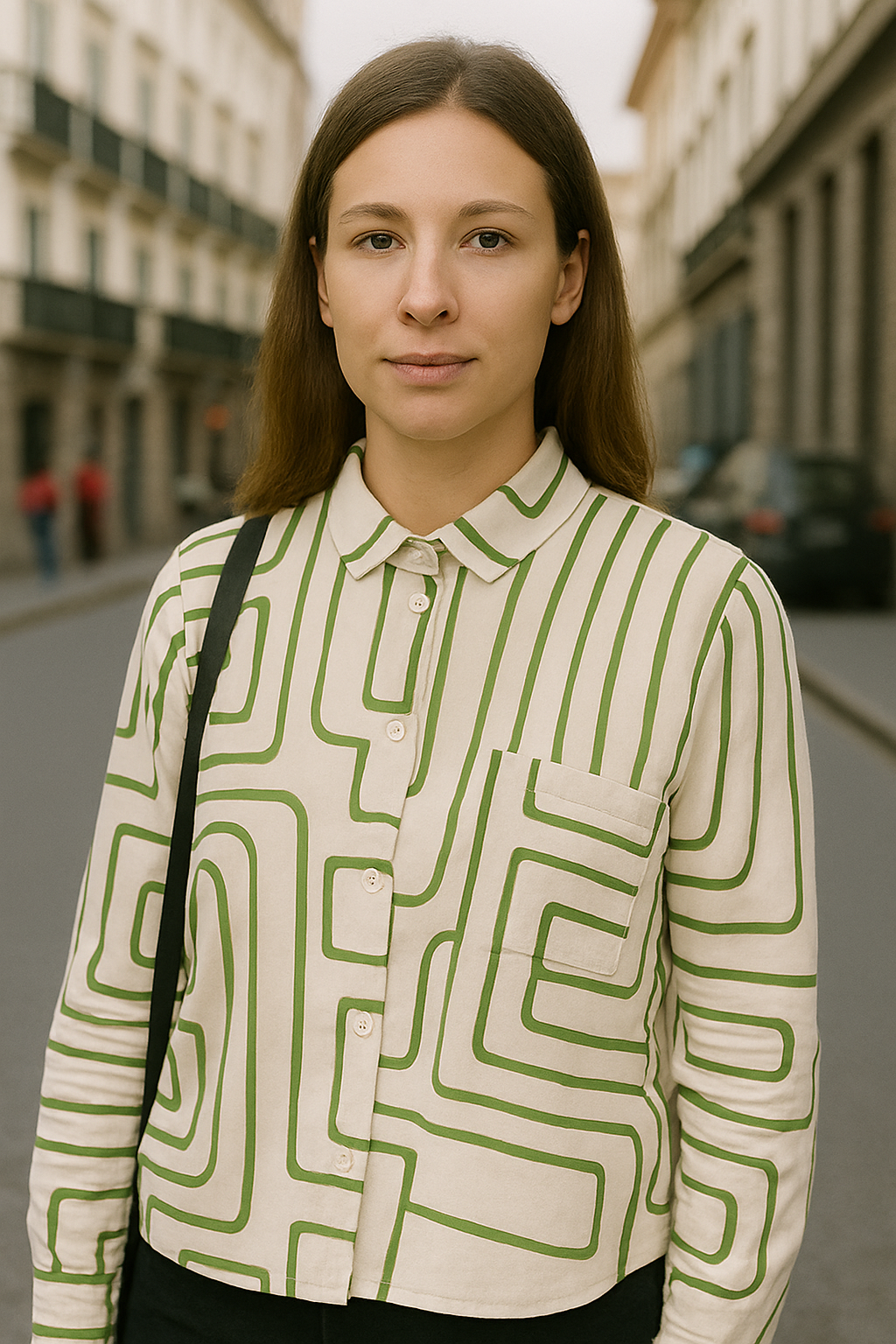 BLUSA DE CUELLO MANGA CORTA CON BOLSILLO DISEÑO GEOMÉTRICO