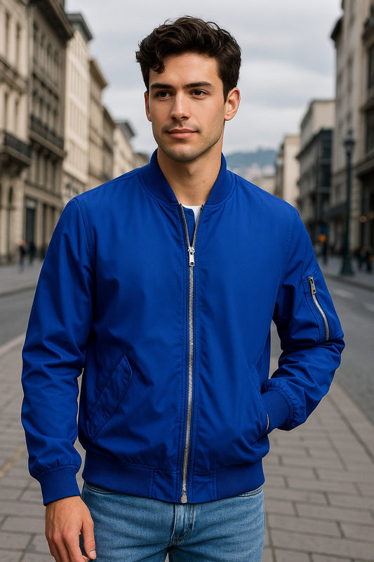 CHAQUETA BOMBER LLANA CASUAL CON CIERRE Y BOLSILLO EN BRAZOS