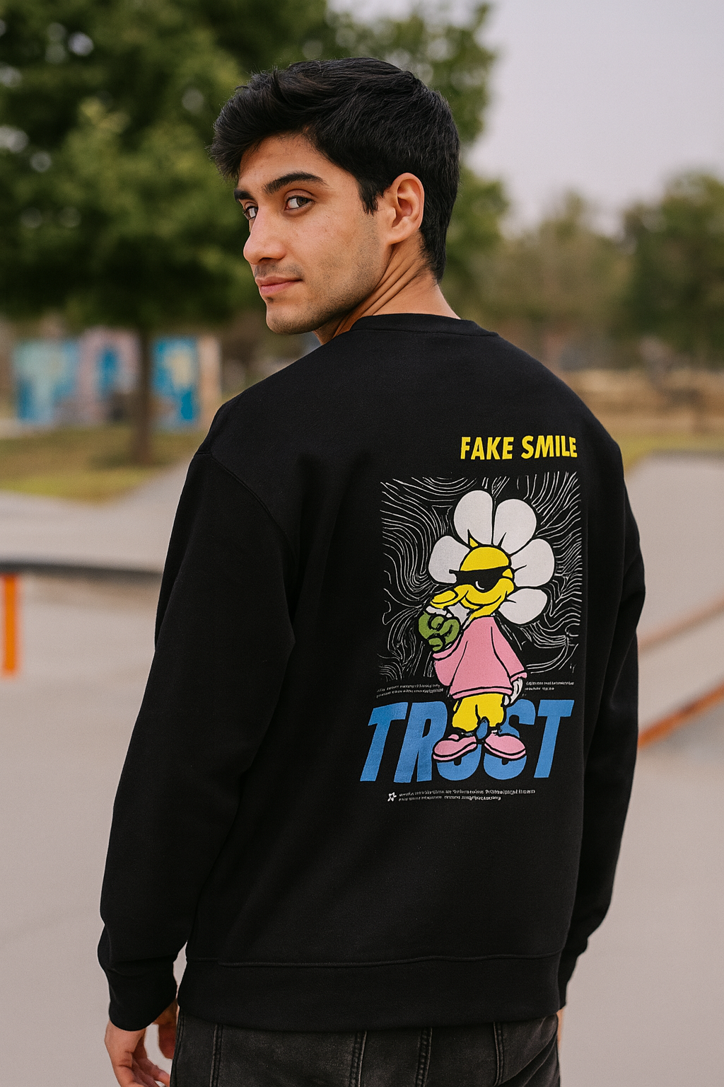 BUZO FAKE SMILE ESTAMPADO CON BORDES TEXTURIZADOS EN CUELLO, MANGAS Y PRETINA TEXTURIZADOS