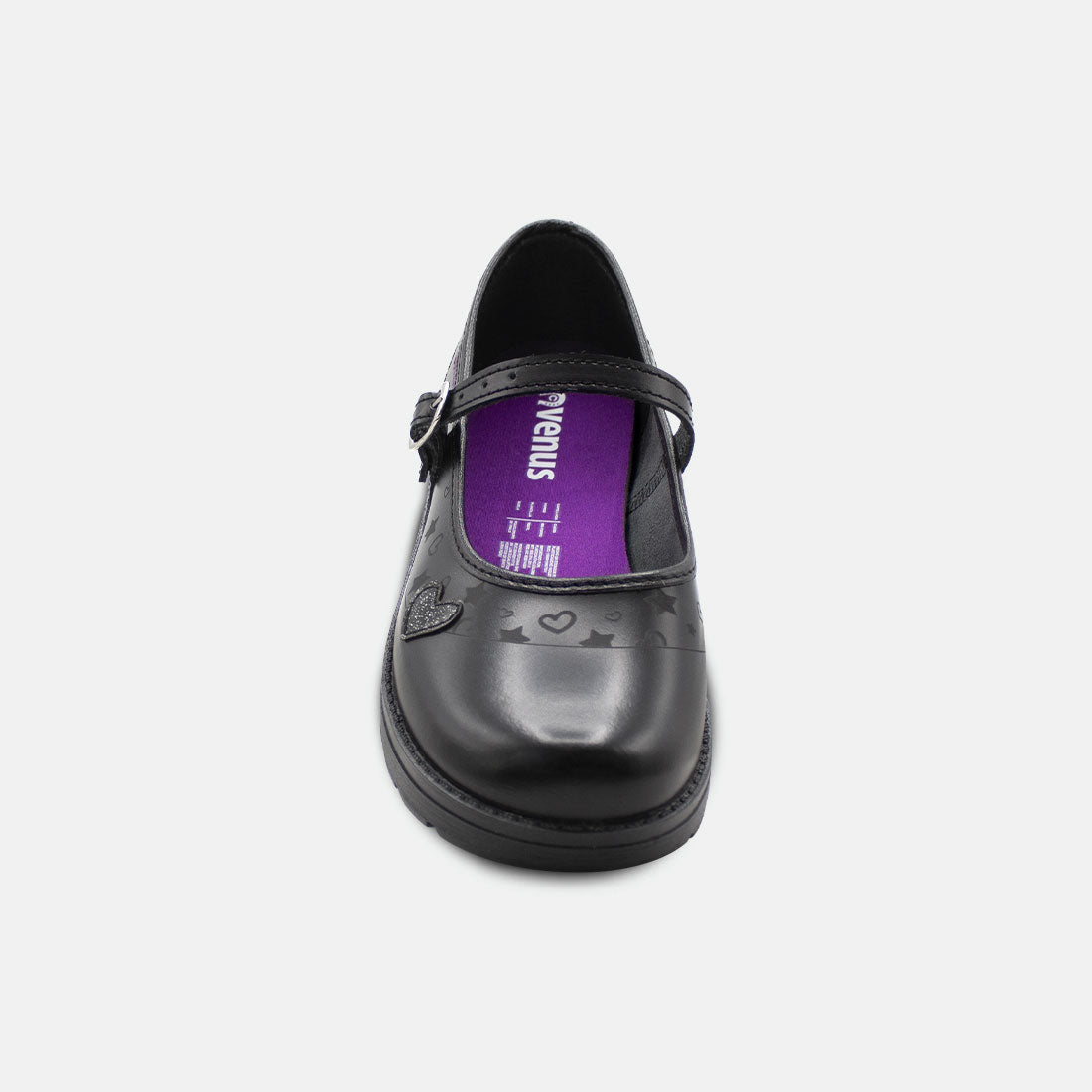 ZAPATOS ESCOLARES NEGROS DE NIÑA CON CORREA AJUSTABLE Y DETALLE DE CORAZÓN