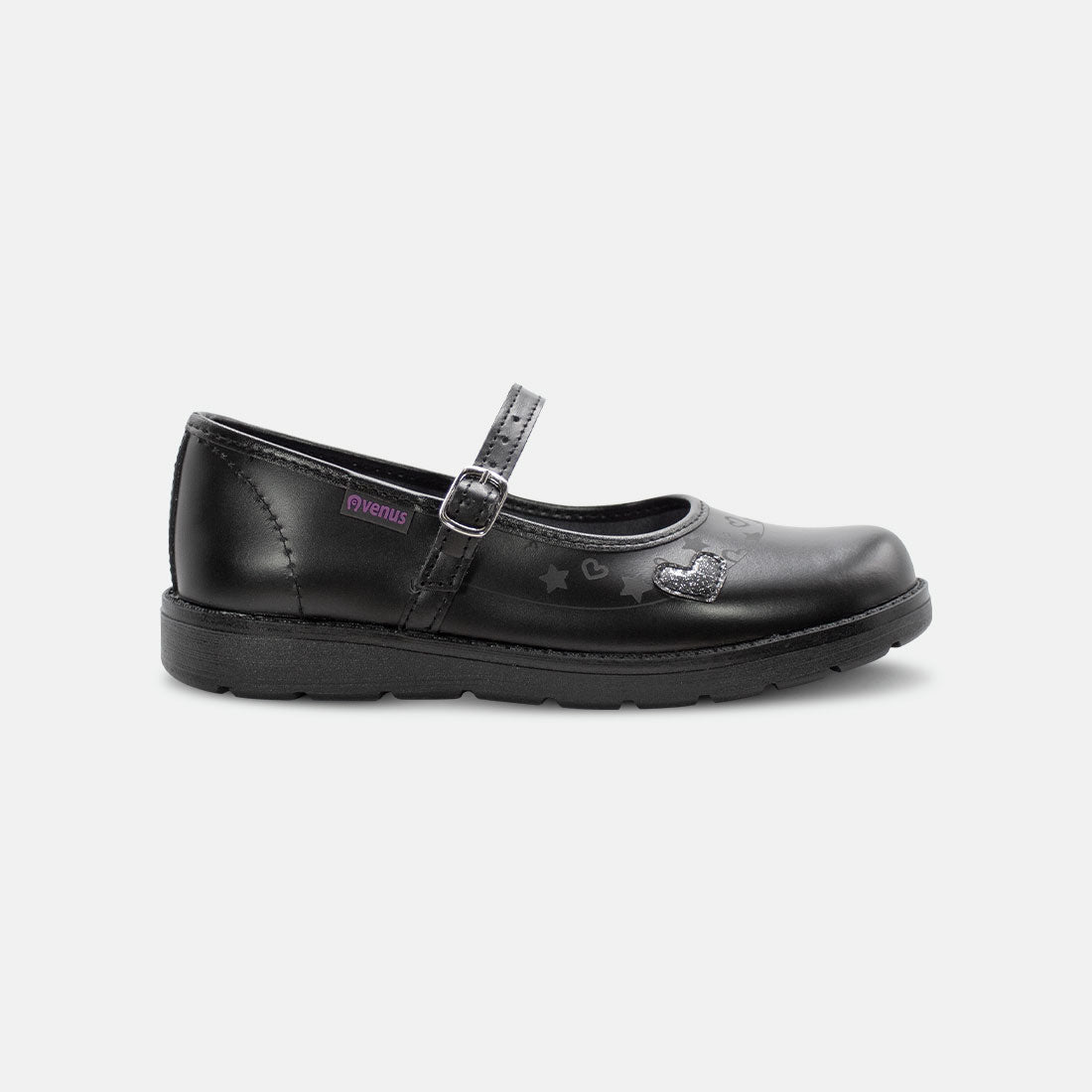 ZAPATOS ESCOLARES NEGROS DE NIÑA CON CORREA AJUSTABLE Y DETALLE DE CORAZÓN
