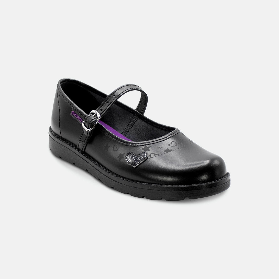 ZAPATOS ESCOLARES NEGROS DE NIÑA CON CORREA AJUSTABLE Y DETALLE DE CORAZÓN