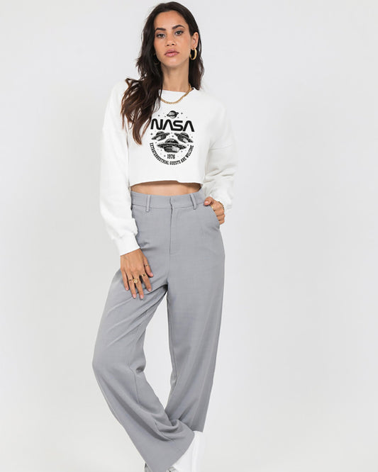 CROP BUZO NASA BLANCO ESTAMPADO OVNIS NEGRO
