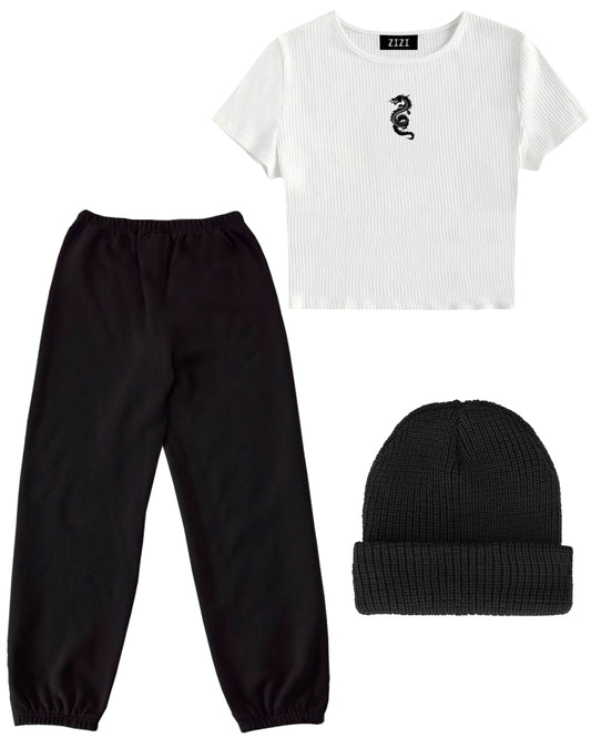 CONJUNTO SUPER GIRL (CROP TOP RIBB + JOGGER LLANO + GORRO)