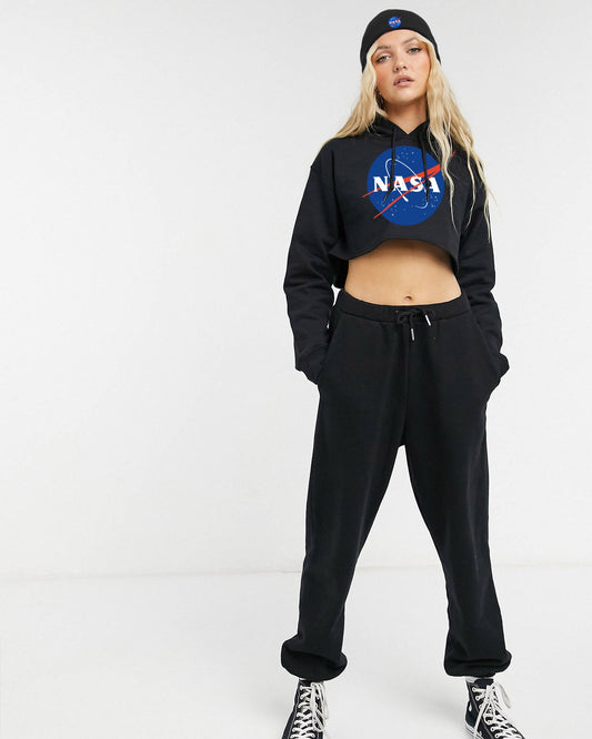 CROP HOODIE NASA NEGRO LOGO AZUL