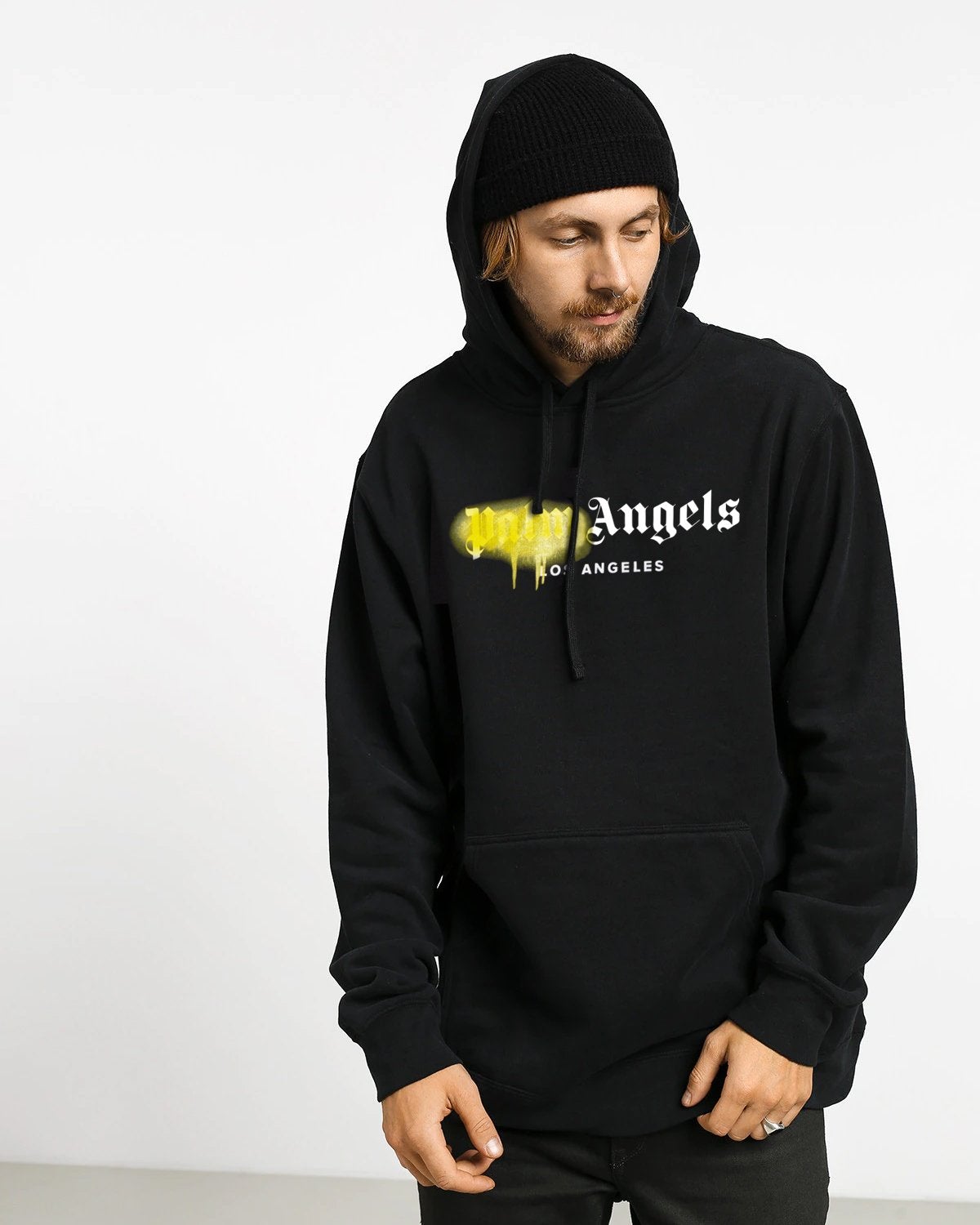 HOODIE NEGRO PALM ANGELS SPRAY AMARILLO UNISEX