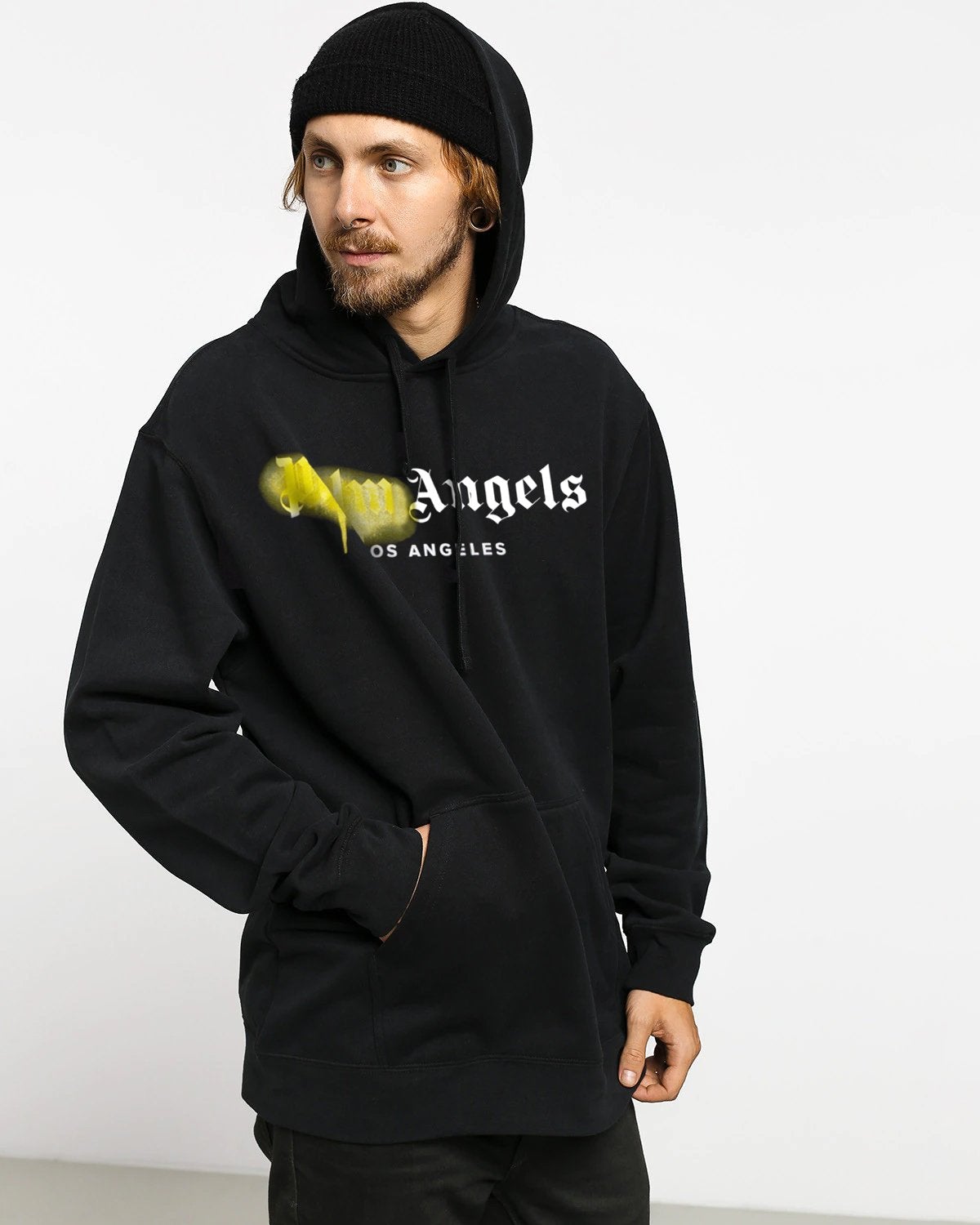 HOODIE NEGRO PALM ANGELS SPRAY AMARILLO UNISEX