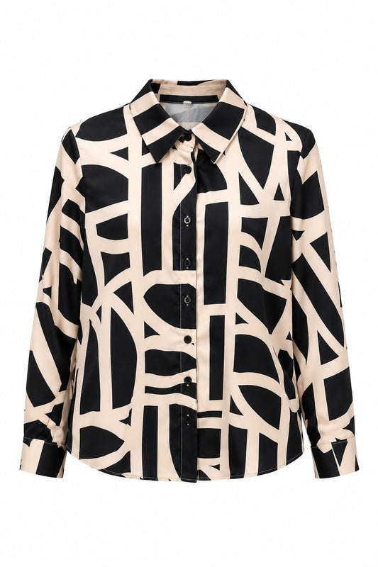 BLUSA CAMISERA ESTAMPADO GEOMETRICO BLACK & BEIGE