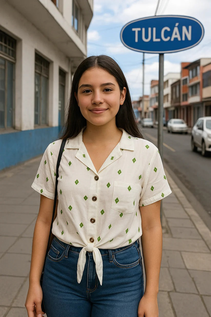 BLUSA ABOTONADA DE CUELLO MANGA CORTA CORTE SUELTO ROMBOS VERDES