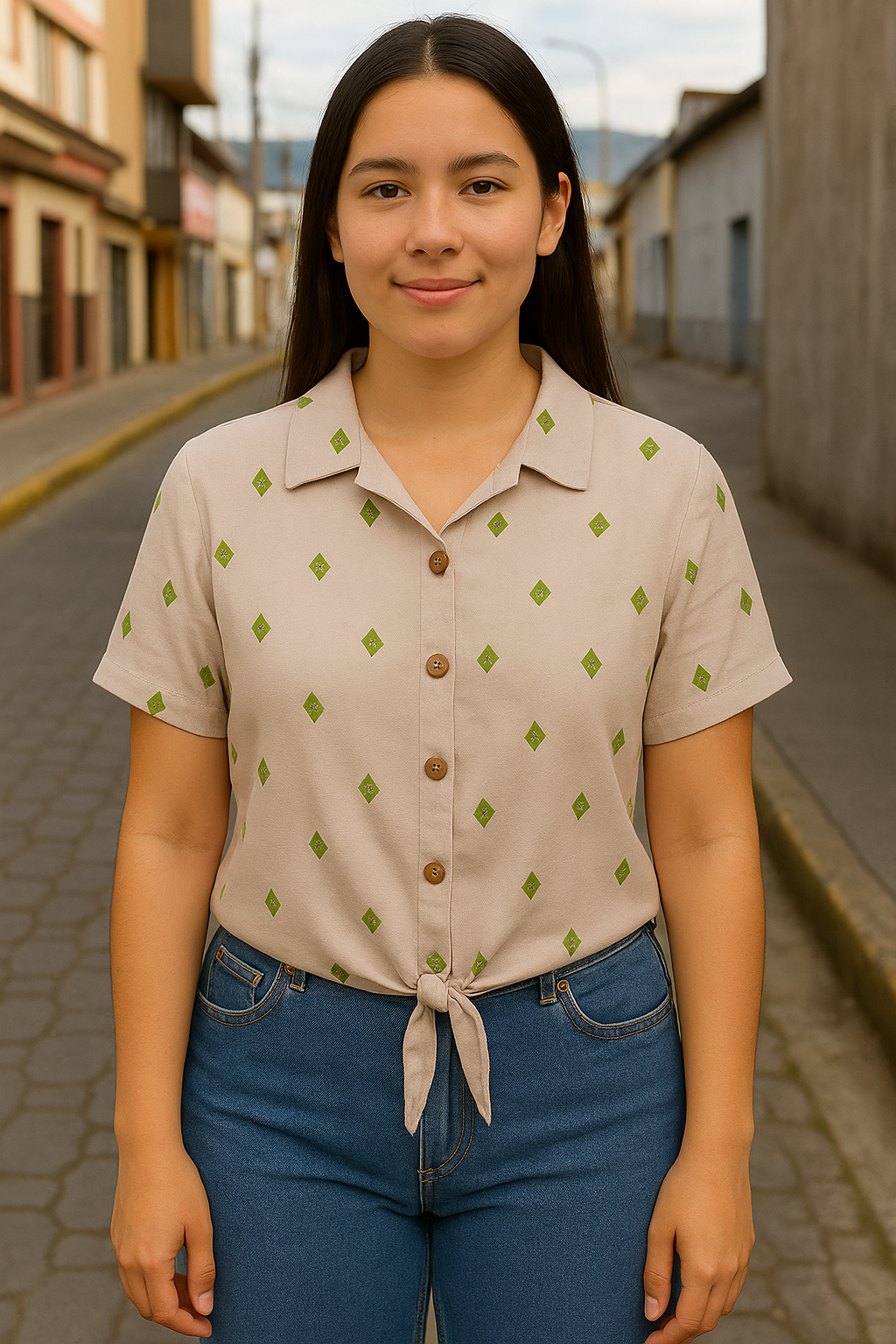 BLUSA ABOTONADA DE CUELLO MANGA CORTA CORTE SUELTO
