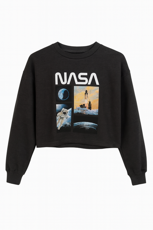 CROP BUZO DAMA NASA GRIS ESTAMPADO COHETE