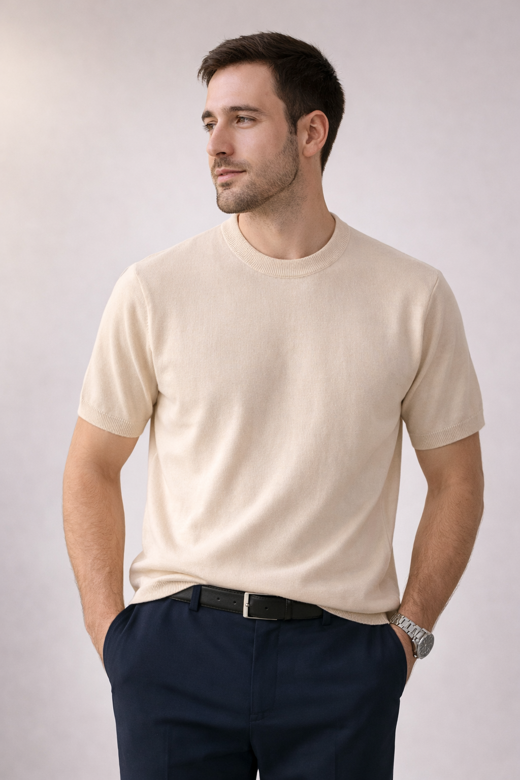 CAMISETA TIPO SUETER HOMBRE CUELLO REDONDO