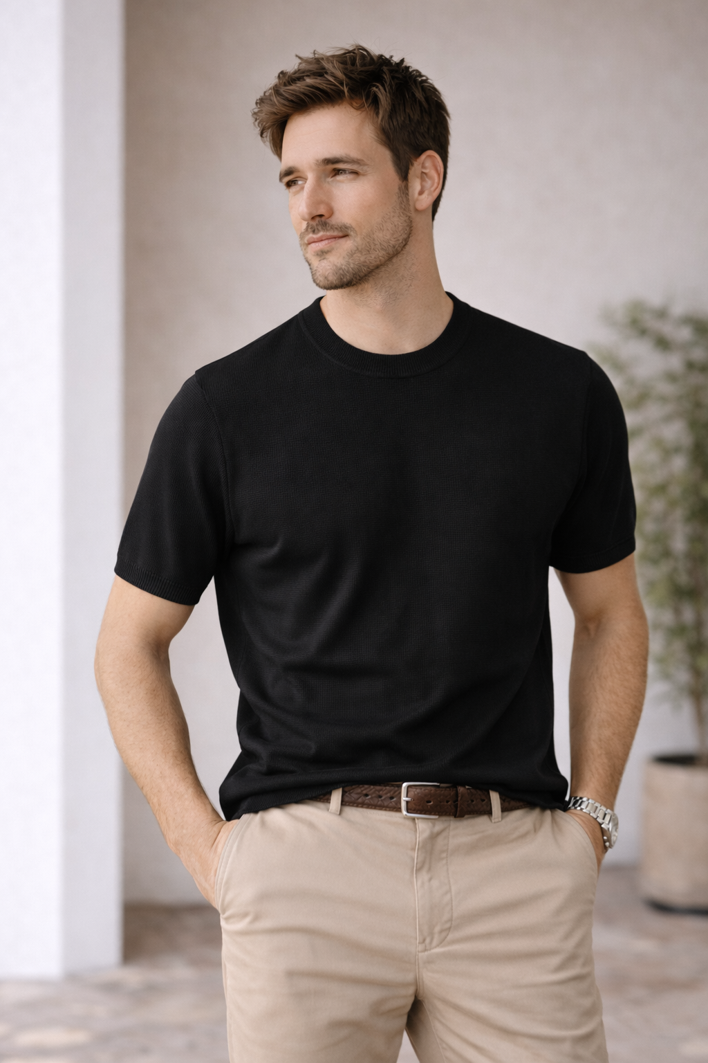 CAMISETA TIPO SUETER HOMBRE CUELLO REDONDO