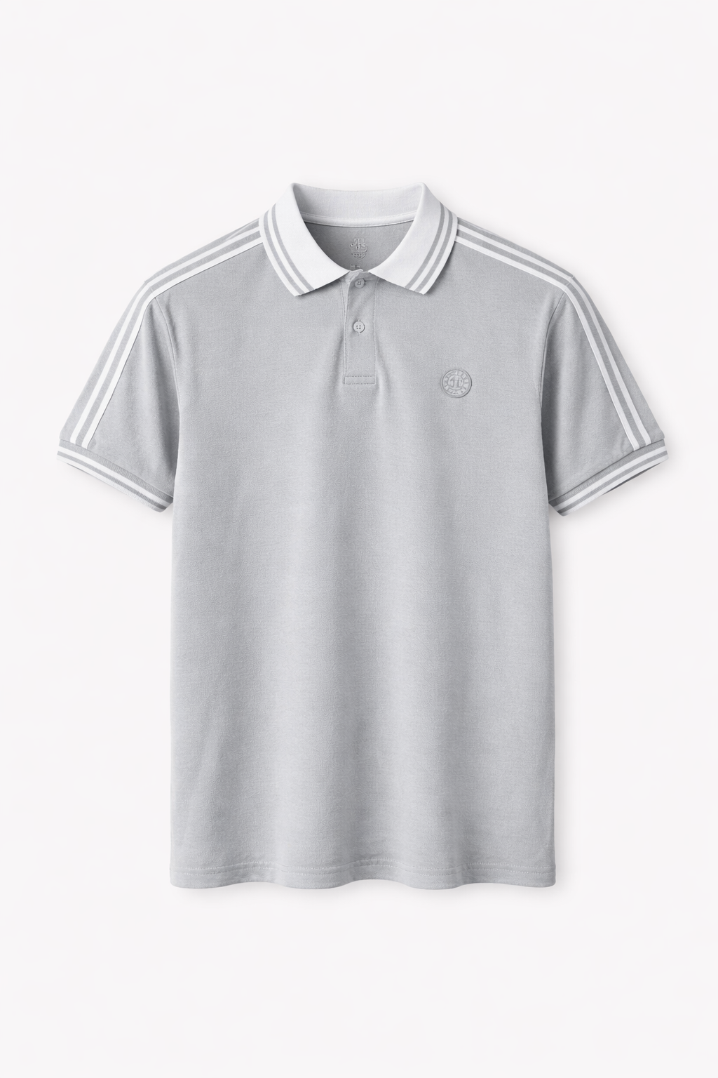 CAMISETA POLO GRIS CUELLO Y LINEAS HOMBROS BLANCAS