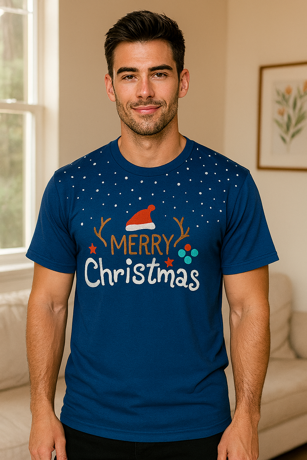 CAMISETA NAVIDEÑA HOMBRE MERRY CHRISTMAS CON GORRO DE SANTA