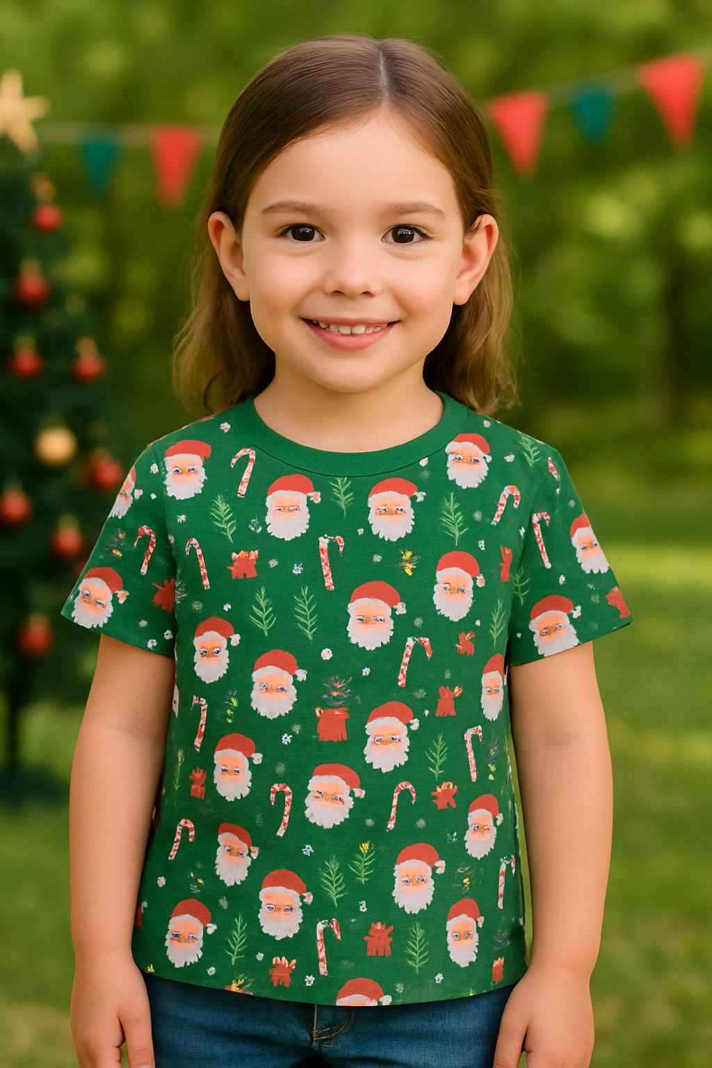 CAMISETA NAVIDEÑA NIÑA ESTAMPADA CON SANTA Y REGALOS