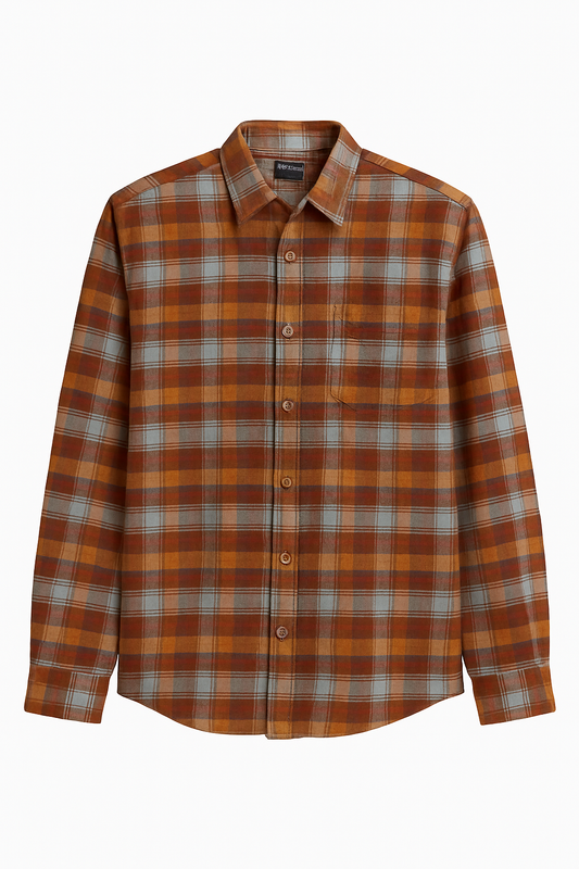 CAMISA LEÑADOR CLÁSICA, MANGA LARGA Y CUELLO CAMISERO, DISEÑO A CUADROS AZUL MARINO CON BEIGE