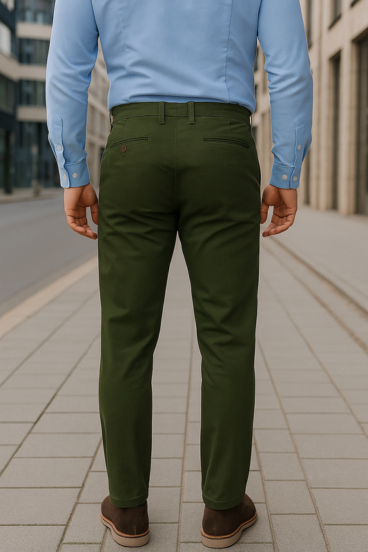 PANTALÓN GABARDINA JC, DISEÑO LISO EN TONO VERDE MILITAR CON BOLSILLOS LATERALES Y BOTÓN CAFÉ
