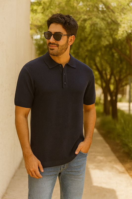 CAMISETA POLO AZUL TEXTURA TEJIDA