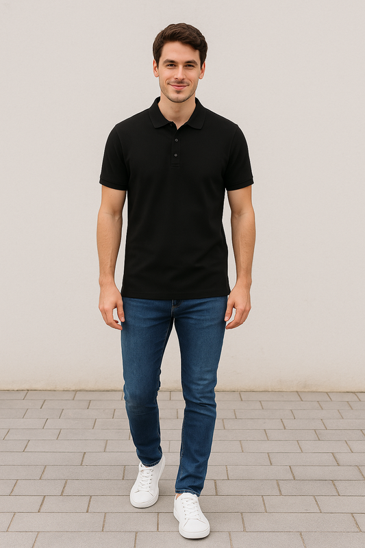 CAMISETA POLO NEGRO SOLIDO CUELLO TEXTURIZADO