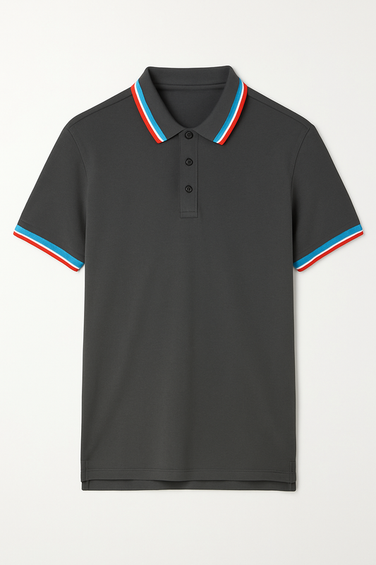 CAMISETA POLO GRIS CON BORDE TRICOLOR EN CUELLO Y MANGAS