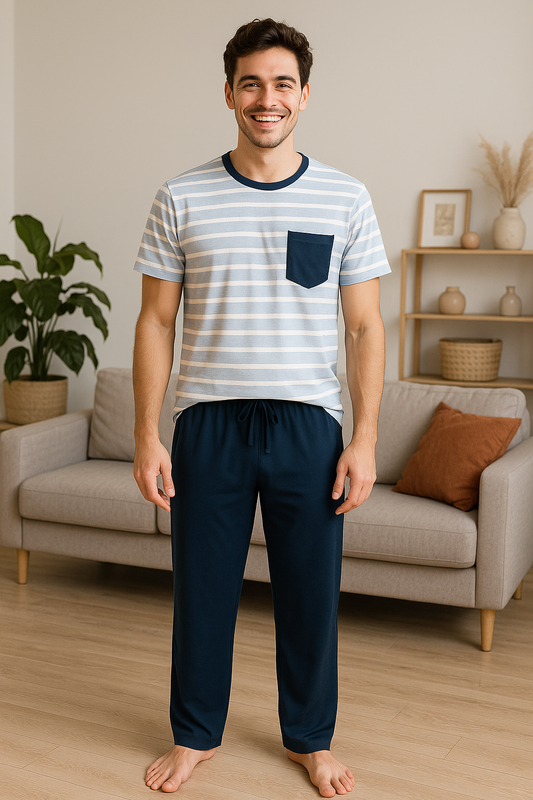 CONJUNTO PIJAMA PARA HOMBRE: CAMISETA RAYAS CELESTE CON BLANCO Y PANTALON AZUL