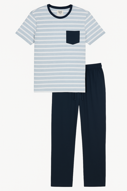 CONJUNTO PIJAMA PARA HOMBRE: CAMISETA RAYAS CELESTE CON BLANCO Y PANTALON AZUL
