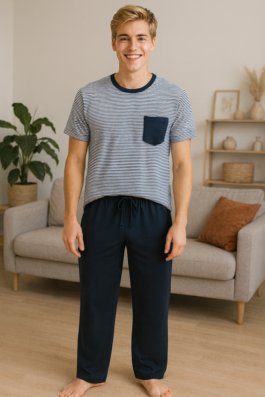 CONJUNTO PIJAMA PARA HOMBRE: CAMISETA RAYAS AZUL CON BLANCO Y PANTALON AZUL