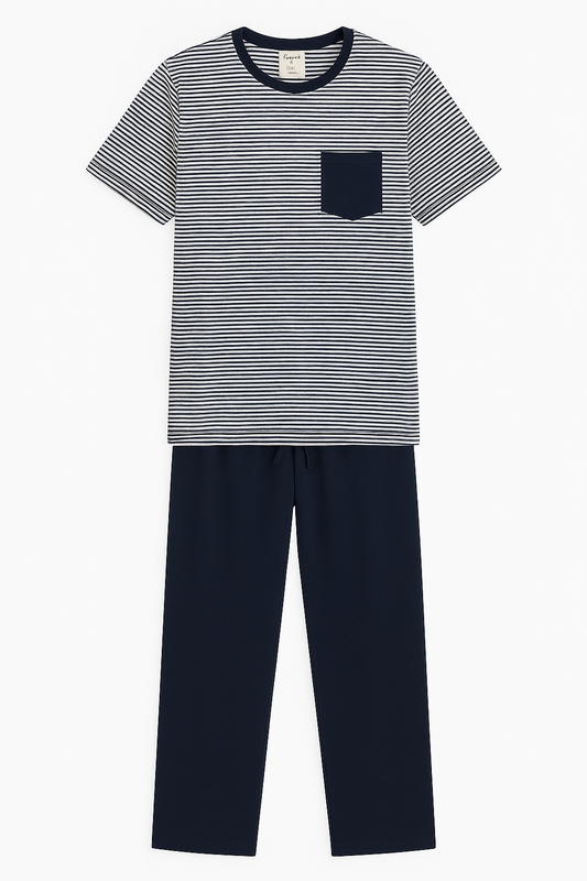 CONJUNTO PIJAMA PARA HOMBRE: CAMISETA RAYAS AZUL CON BLANCO Y PANTALON AZUL