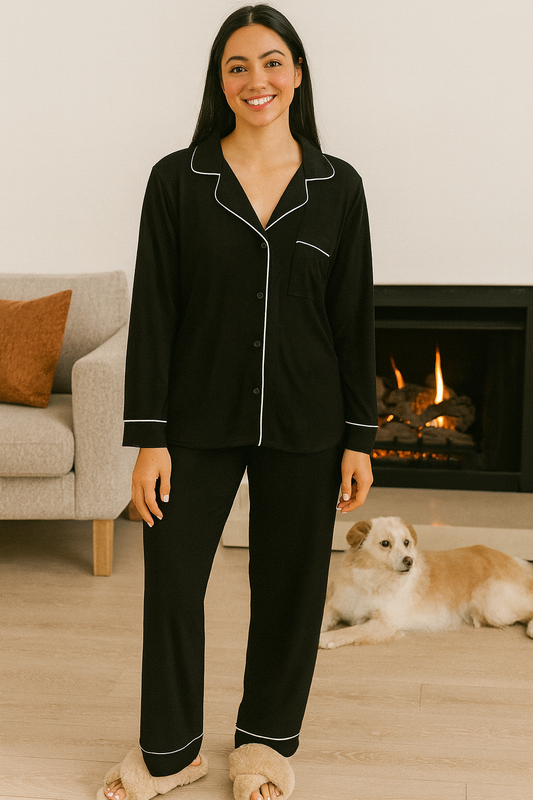 CONJUNTO PIJAMA MUJER: CAMISA DE BOTONES Y BOLSILLO + PANTALON HOLGADO