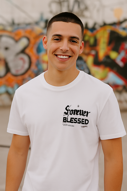 CAMISETA BLANCA HOMBRE CON ESTAMPADO "FOREVER BLESSED" CUELLO REDONDO